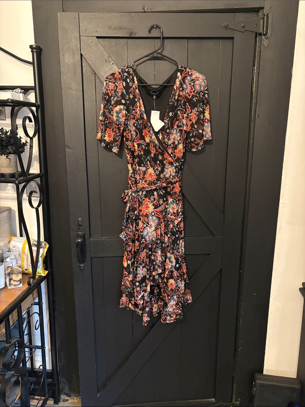 connected apparel Black Floral Wrap Midi Dress with Multicolor Bouquet Print